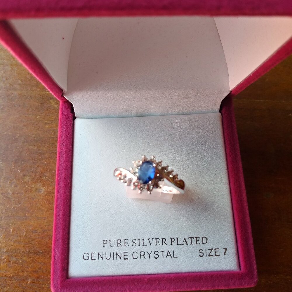 Pure Silver Plated & Genuine Crystal Blue Ring Size 7
